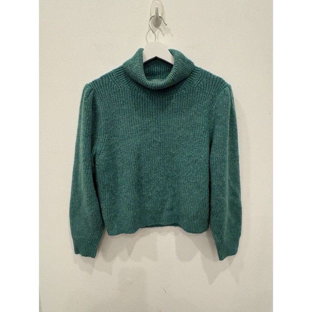 J. Crew Cropped puff-sleeve turtleneck sweater M Teal Heather Green